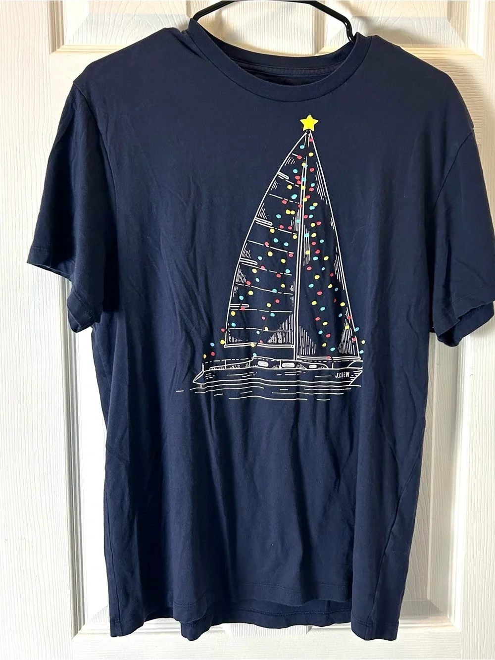J.Crew T-Shirt Men's Large Navy Sailboat Christmas Lights 100% Cotton